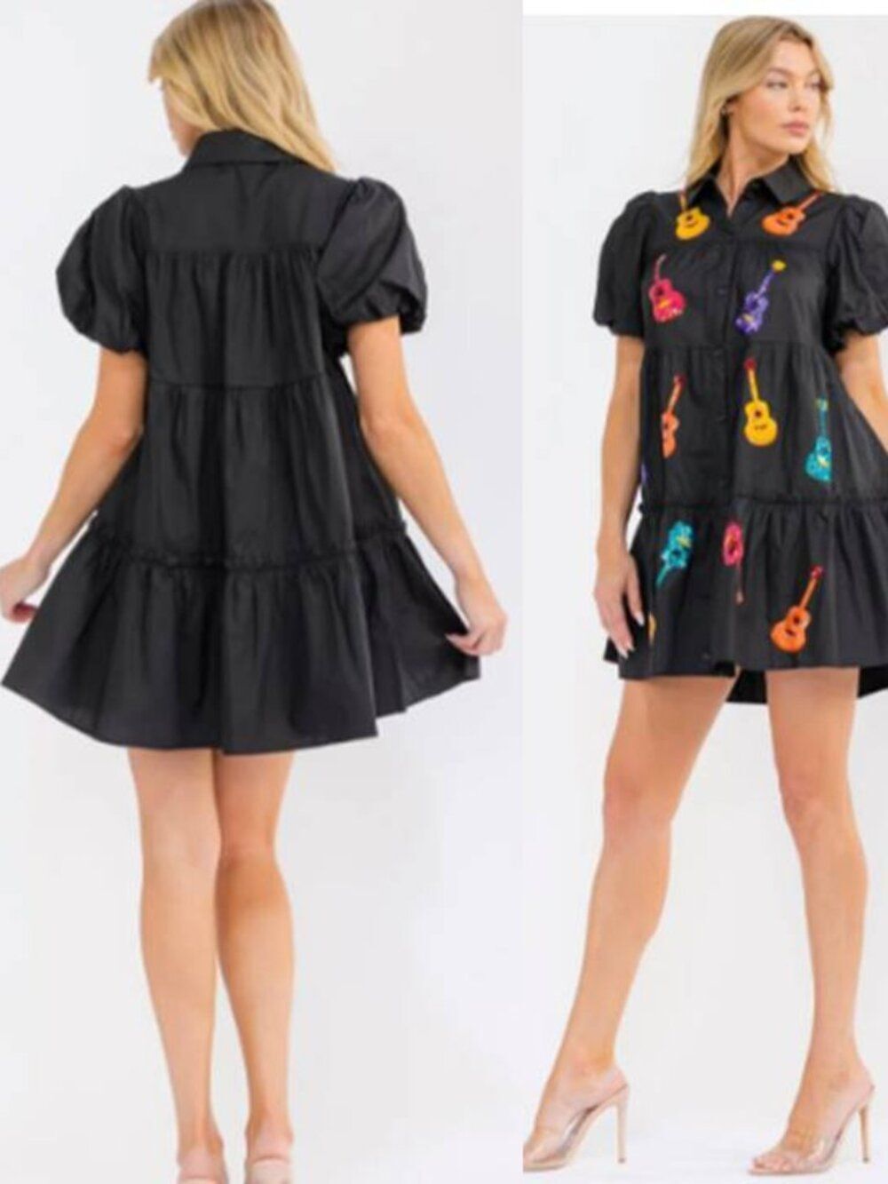 Womens Button Front Cotton Sequins Guitar Graphic Mini Dress WhimsyMusical Black